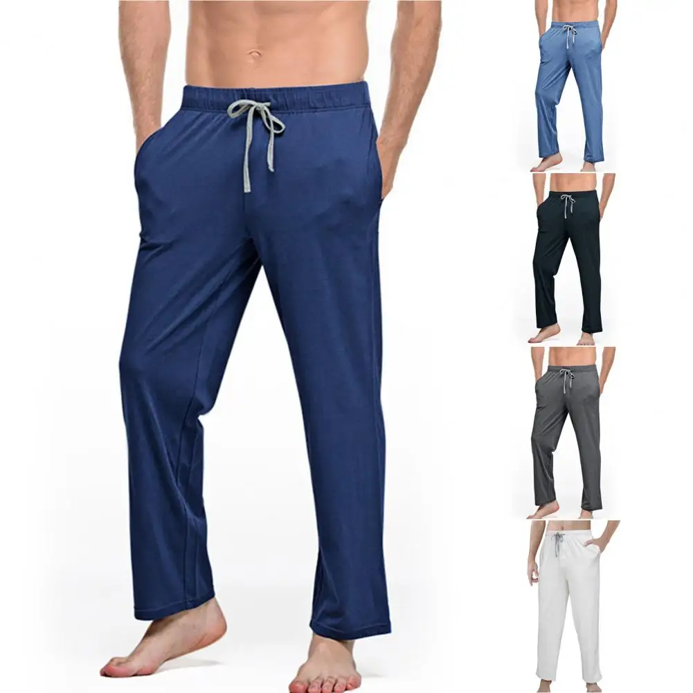 Men Home Pants Solid Color Elastic Waist Men Pajama Pants Pockets Drawstring Homewear Trousers Male Clothing