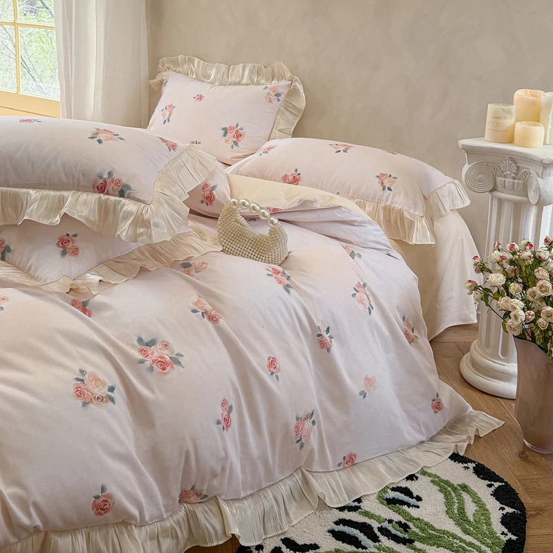 

100% Cotton French Cottage Rose Print with Ruffle Trim Princess Bedding Set Duvet Cover Set Soft Bed Linens Queen King Size 4pcs
