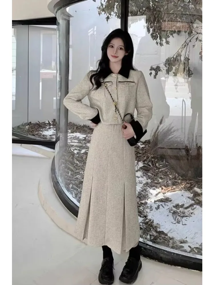 Women's French Style Thickened Cotton Woolen Suit Skirt Set Retro Contrasting Collar Woolen Jacket Pleated Skirt Two-piece Set