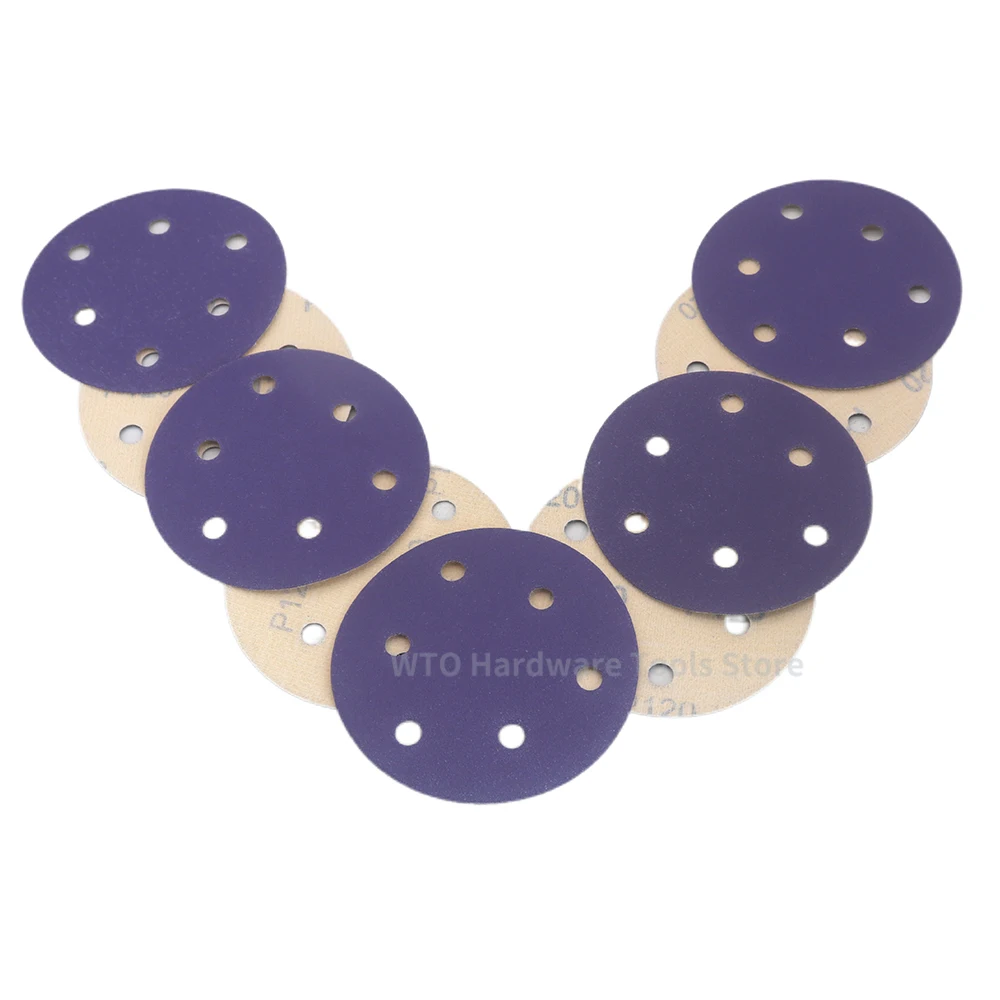 50PCS 5 Inch 6 Hole 125mm Ceramic Abrasive Purple Paper Hook and Loop Sanding Discs 40-2000Grit Dry Sanding for Auto Metal Wood