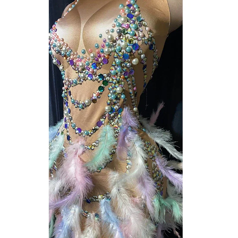 Colorful Feather Dress Sexy Women Singer Stage Show Outfit Crystal Stone Club Entertainer Party Dress Prom Social Costume