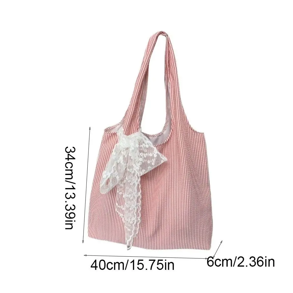 Tas Bahu Kanvas Bergaris Dengan Pita Renda Tas Hobo Kanvas Gaya Korea Tas Tote Warna Segar Tas Ketiak Kapasitas Besar