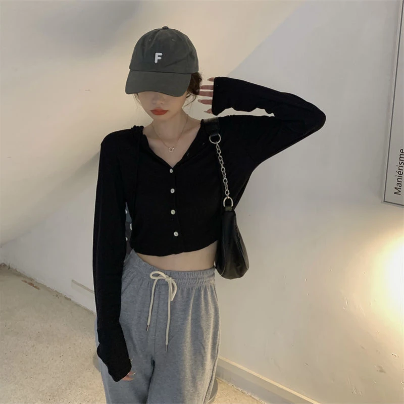 Deeptown Elegant Knitted Hooded Cardigan Women Grey Korean Fashion Sweet Crop Tops Solid Long Sleeve Casual Slim Up Streetwear