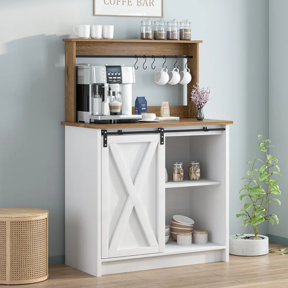 

Farmhouse Coffee Bar Cabinet with 6 Hooks, 47'' Kitchen Coffee Bar with Hutch and 9 Wink Racks, White Coffee Bar Table with