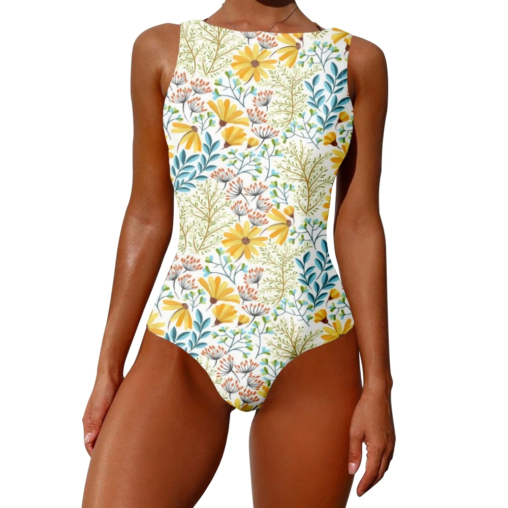 

Tropical Yellow Floral One Piece Swimsuit Print Sunflower Tummy Control Slimming Swimwear Beach Bathing Suit Women Clothing