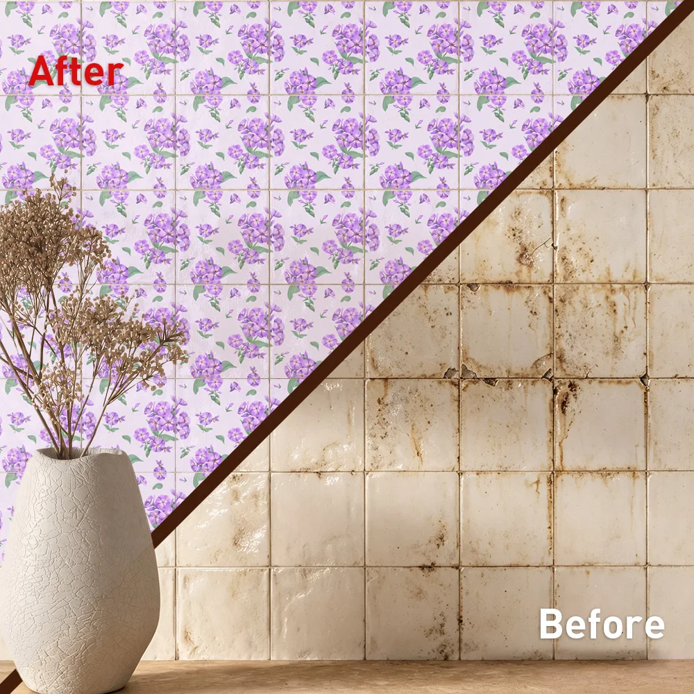 Purple Pansy Tile Decals Waterproof Peel and Stick Self Adhesive Oil Proof Backsplash Decals Floral Wallpaper for Romantic Decor