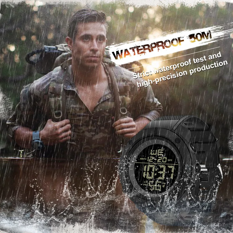 NORTH EDGE TANK Outdoors Watch For Men Alarm Clock Hour Report EL Backlight Waterproof 50M Silicone Band Men Watch Reloj Hombre