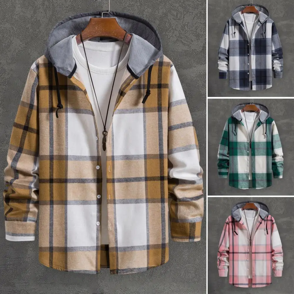 Long Sleeves Shirts For Men Autumn Casual Plaid Print Shirt Hooded Collar Button Down Shirts Coat Male Clothing Ropa Hombre