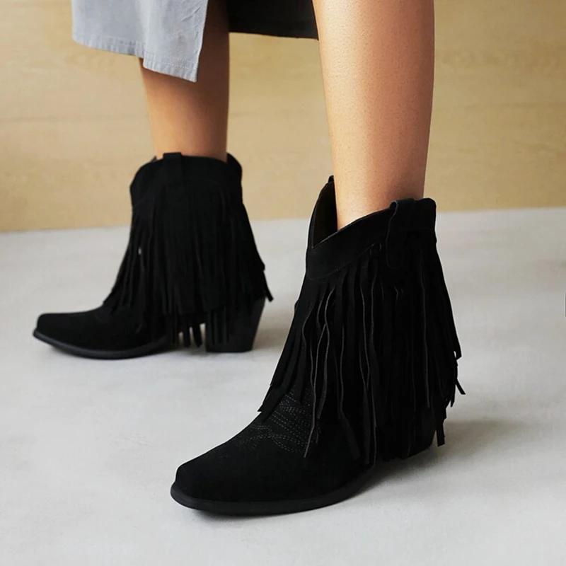 BLXQPYT Botas De Mujer Combat Boots for Women Chunky High Heels Cowboy Boots Fringe Retro Goth Ladies Shoes Plus Size 46 1018