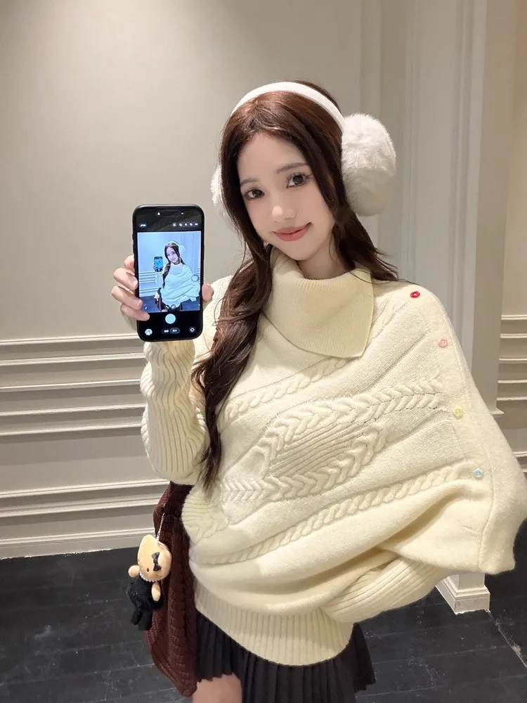 Weicher, gemütlicher Pullover mit hohem Kragen für Damen, lockeres langes Sve-Strickoberteil, Herbst-Winter, neues SLE, bequem, warm, Faion