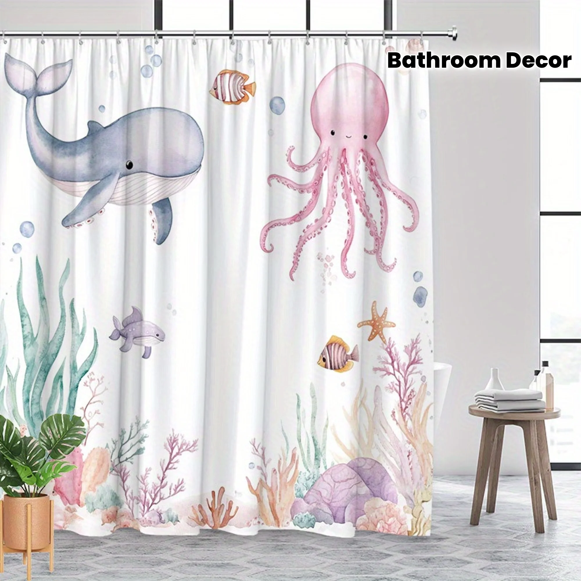 

Кит Осьминог Занавеска для душа Морская жизнь Акварельный дизайн 3D Печатный водонепроницаемый декор для ванной комнаты Милая тема океана Домашний текстиль Искусство