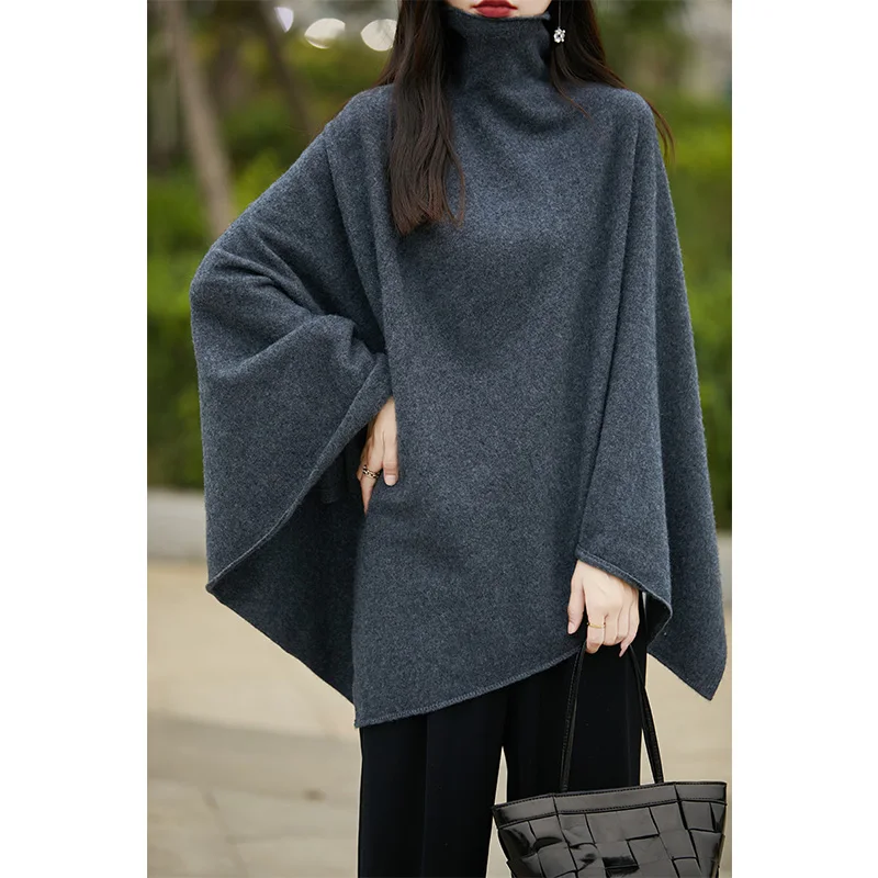 Women\'s Autumn Winter French Fashion Warm Knitted Pullover Sweater High Neck Sleeveless Solid Color Loose Wool Shawl