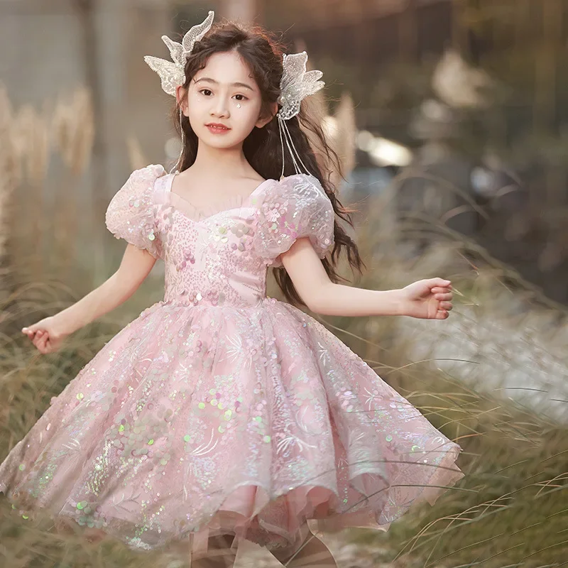 Girl's Birthday Party Dress Sequin Puff Sleeves Pink Sweet Princess Dresses Children's Luxury High End Flower Girl Host Frocks