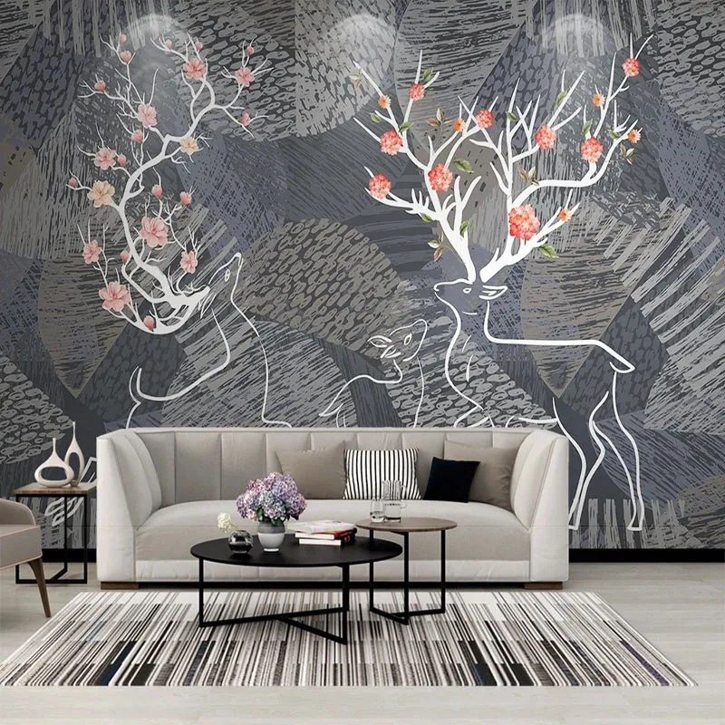 Modern 3D Geometric Lines Elk Deer Floral Wall Mural Wallpaper Artistic TV Background Wall for Bedroom Living Room Decor