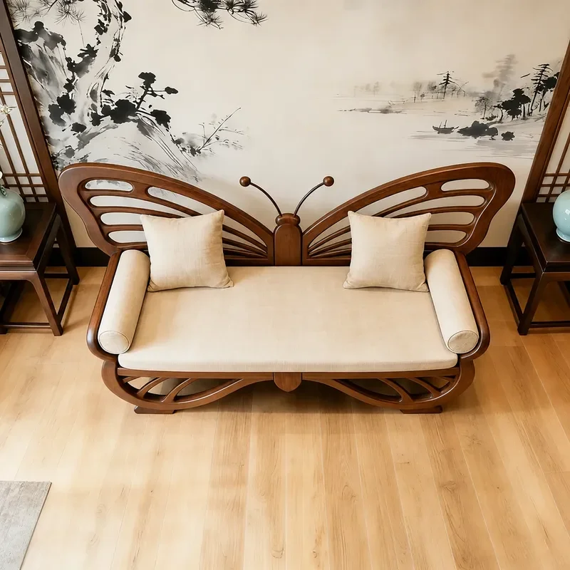 New Chinese Style North American Black Walnut Butterfly Shaped Solid Wood Sofa Linen Seat Cushion Hollow Design Living Room