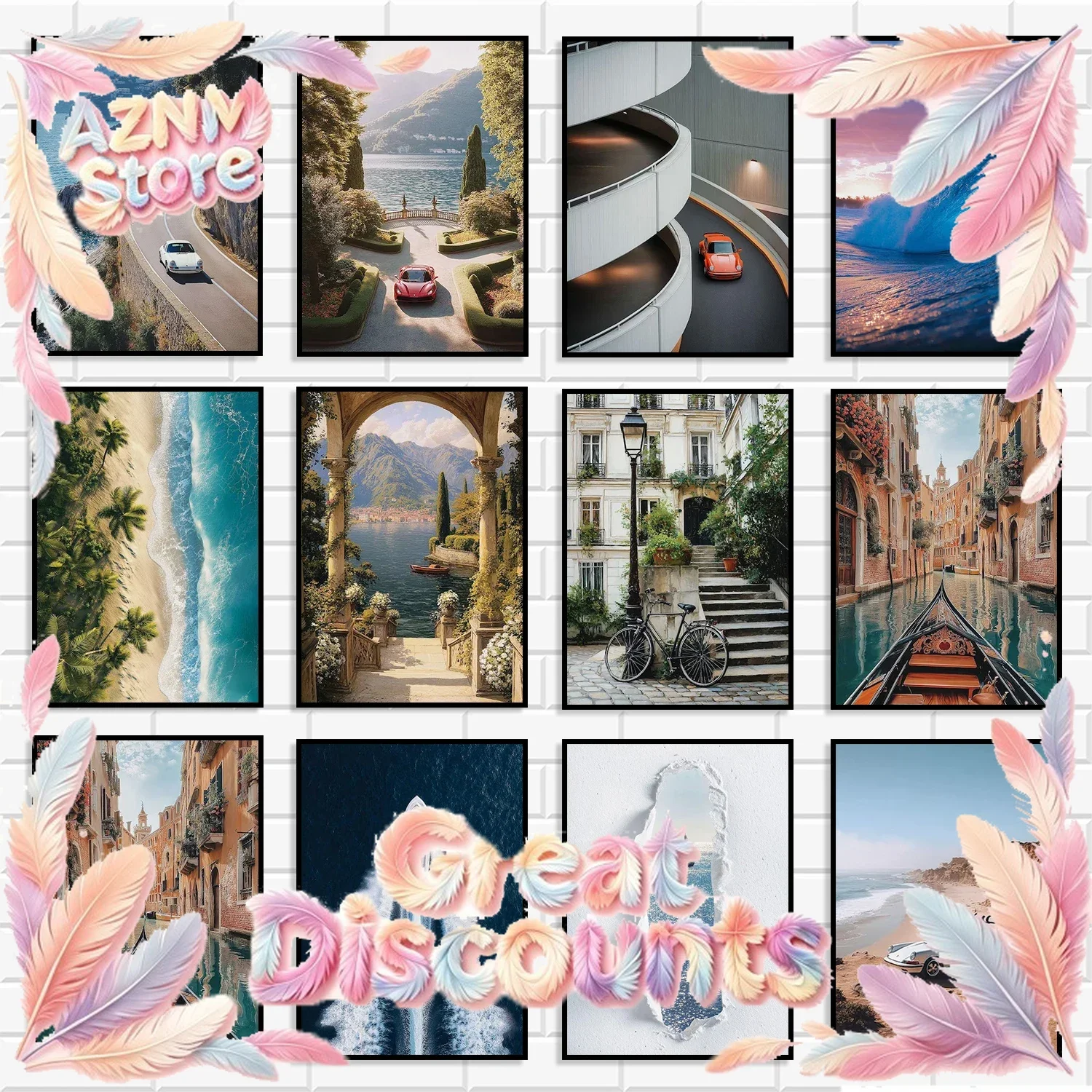 European Coastal City Landscape Canvas Wall Art Vintage Italy Venice Canal Sports Car Ocean Surf Beach Scenery Print Home Dec