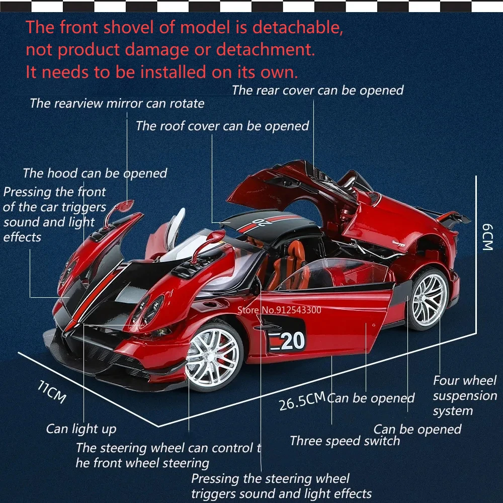 Modèle de voiture jouet Wildani Huayra BC, voiture de sport en alliage moulé sous pression avec son, lumière, volant avant, collection de jouets,