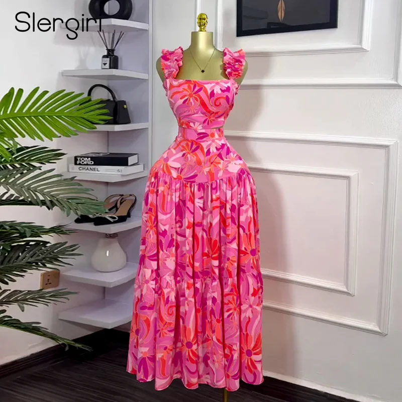 

Slergiri Women's Summer 2 Piece Set Square Neck Ruffle Trim Crop Top With High Waist Big Swing Long Skirts Woman Printed Sets