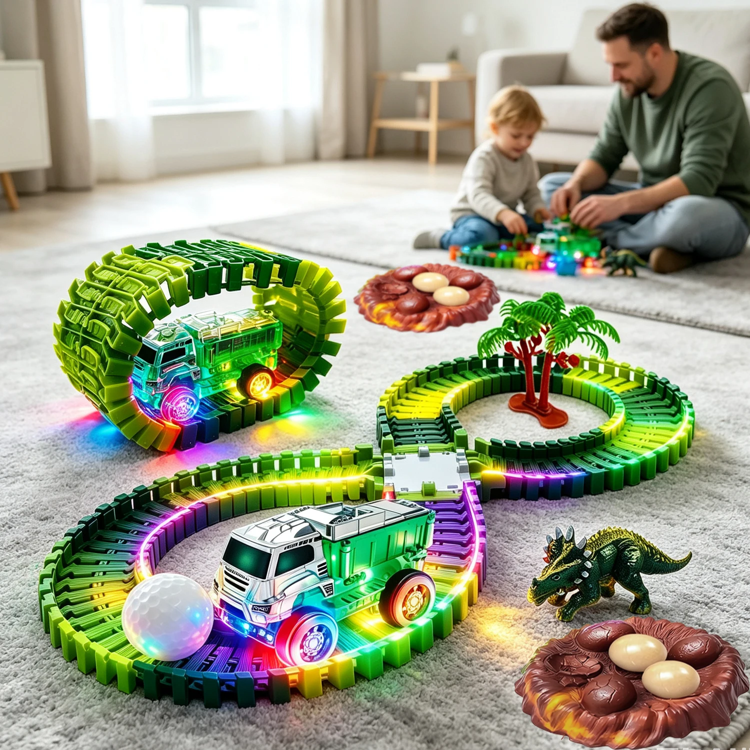 Pista de dinosaurios flexible, pista mágica de dinosaurios, luz LED transparente, pista de carreras de camiones de ingeniería, juguete de construcción DIY
