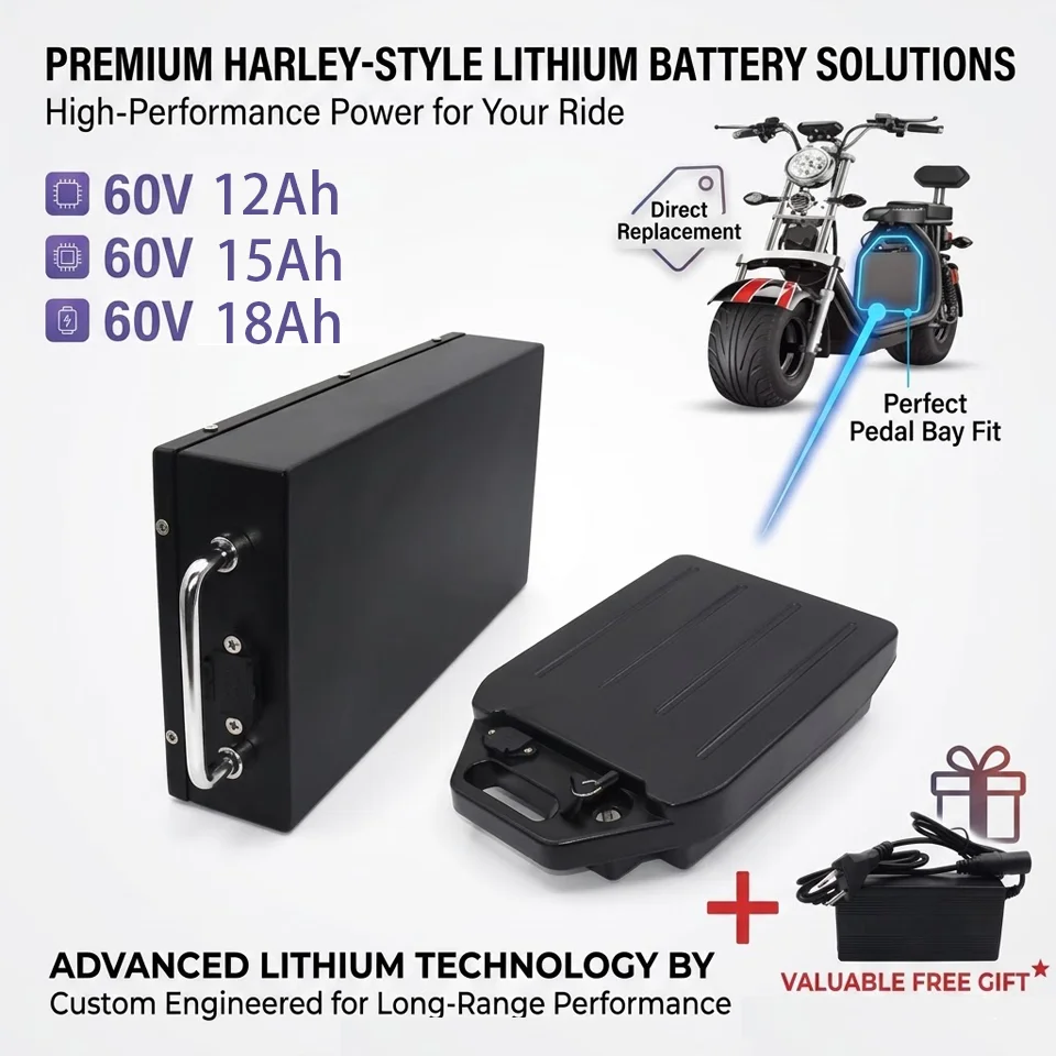 60V Fat Tire Scooter Battery 12Ah Smart BMS Rechargeable Li-ion Pack for Harley Citycoco Motorcycle + 67.2V Charger