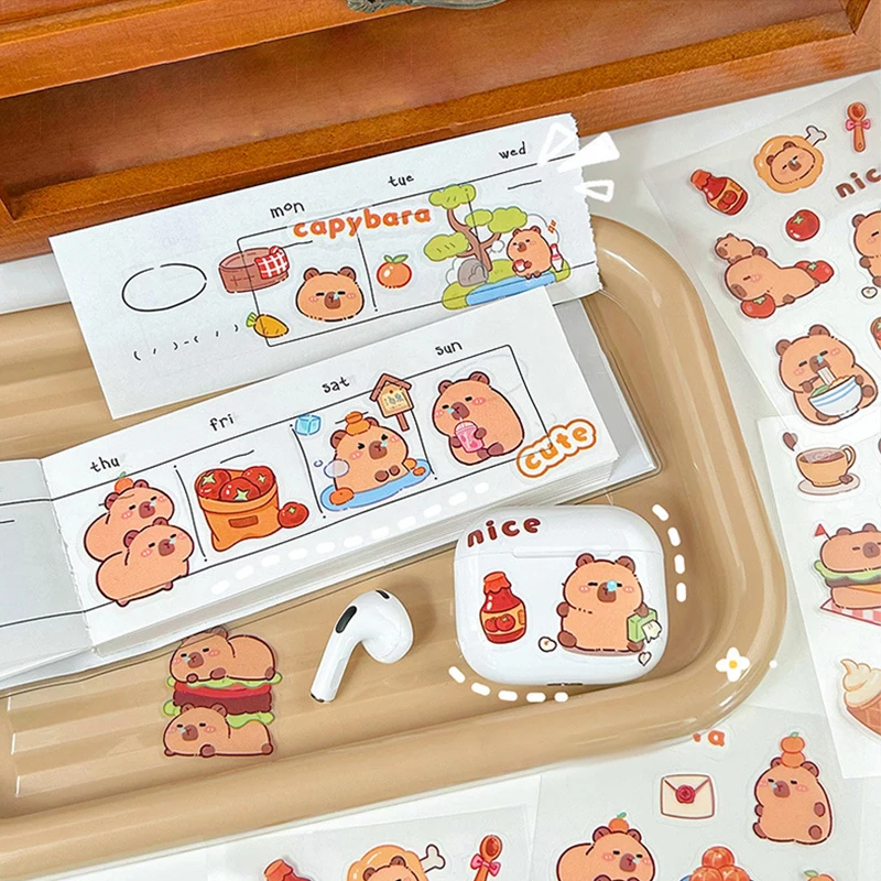 5Pcs Kawaii Cartoon Animal Capybara Theme Waterproof Stickers DIY Card Decoration Material Cute Stickers Decoration Stationery