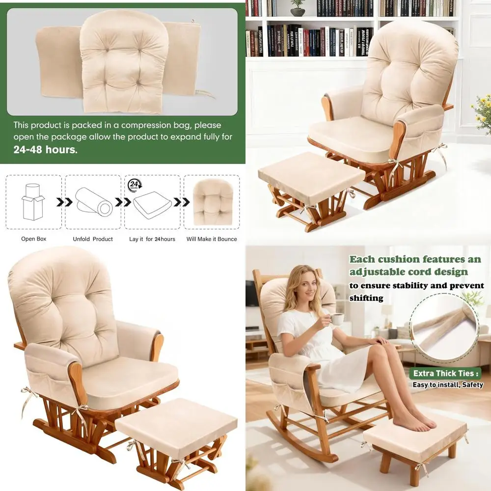 

Flannel Fabric Glider Rocker Chair Cushion Set with Storage Pockets, High-Resilience Foam, Non-Slip Back, Beige