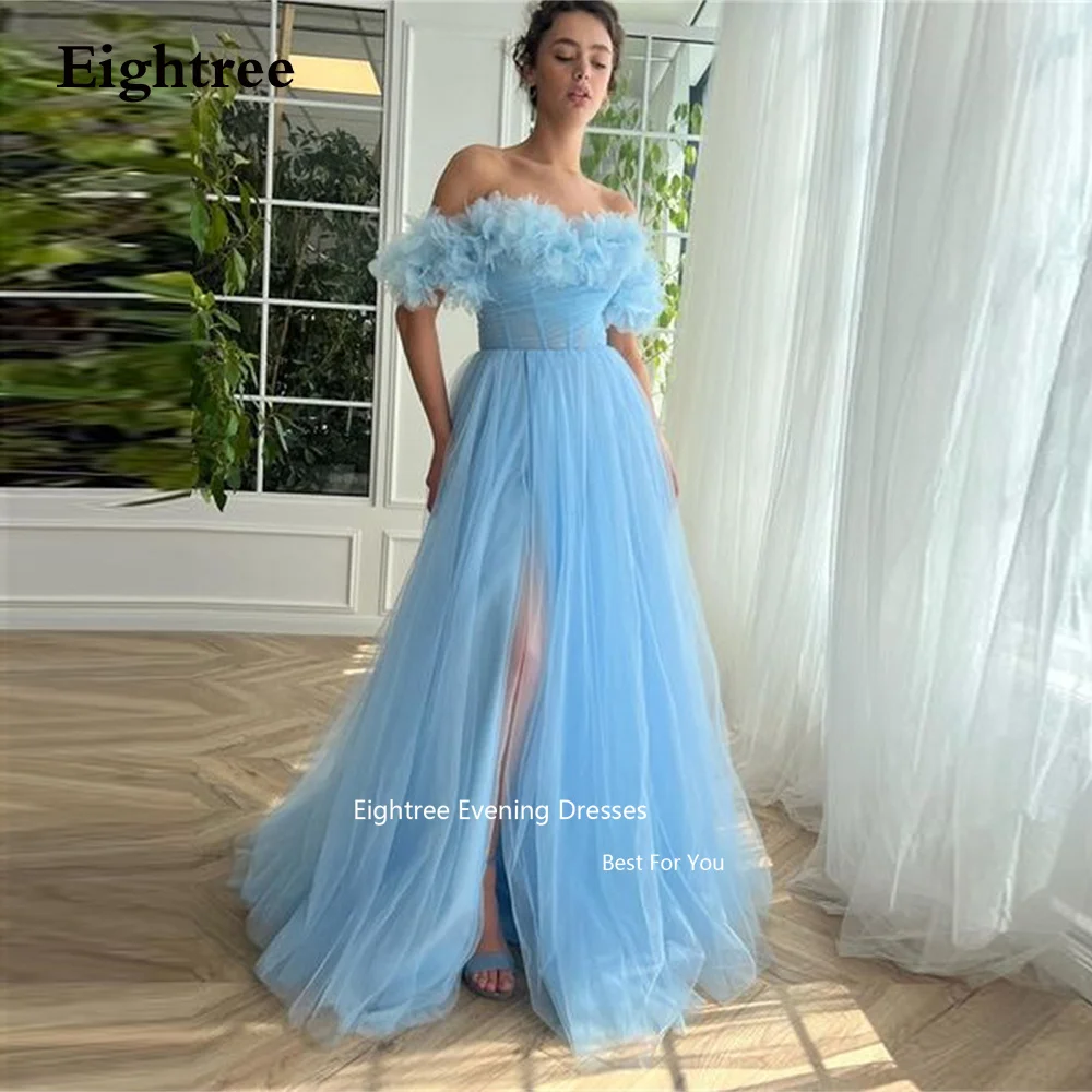 

Eightree Sky Blue Fairy Long Prom Dress Tulle Off The Shoulder A Line High Side Slit Pleat Ruffles Vestidos Para Eventos Especi