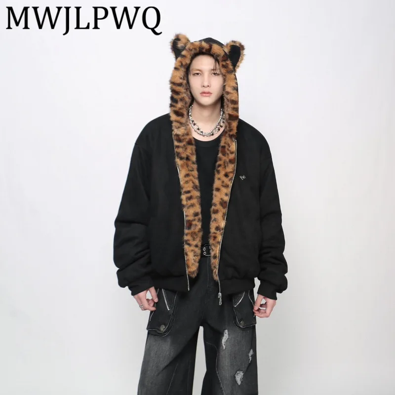 

MWJLPWQ ретро хлопковая куртка с леопардовым принтом и меховым воротником с капюшоном в американском стиле, мужское зимнее свободное утепленное пальто для пар 21755