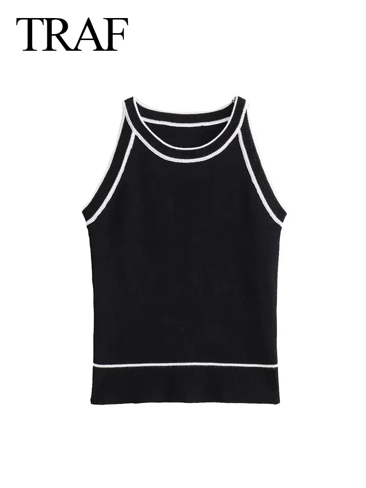 TRAF Female Summer Causal Vest Knitted Black and White Sleeveless Round Neck Slim Stretch Trim Women's Elegant Cropped Tops