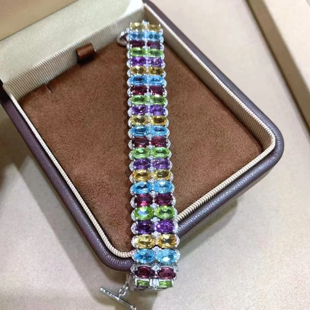 

Natural Color Crystal Bracelet 4x6mm , S925 Sterling Silver White Gold Plated Gemstone