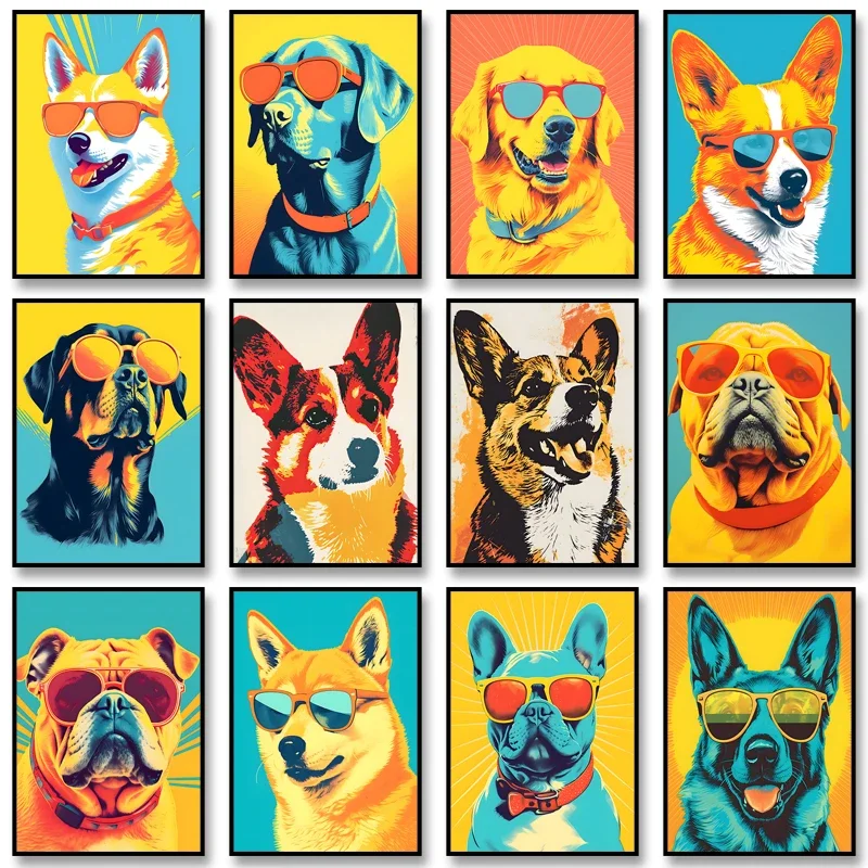 1pc frameless Canvas painting Corgi Wearing Sunglasses Poster Funny Dog Canvas Painting Print Wall Art Picture for Living Room C