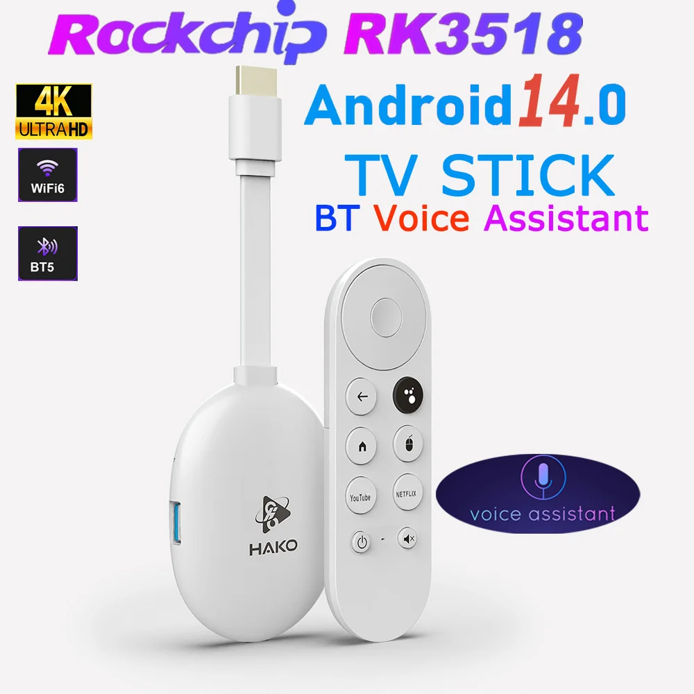 H96 Max HAKO RK3518 Android 14.0 TV Stick BT Voice Assistant Remote Control 4K Video Wifi6 BT5.4 Game Media Player Smart TV Box