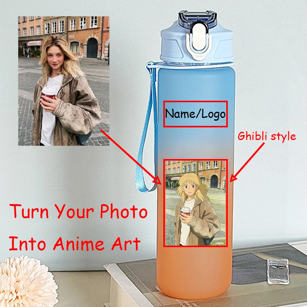

750ML Diy Gradient Customizable LOGO Pattern Personalized Portable With Screw Lid Water Cup Anime Art Style Straw Drink Bottle