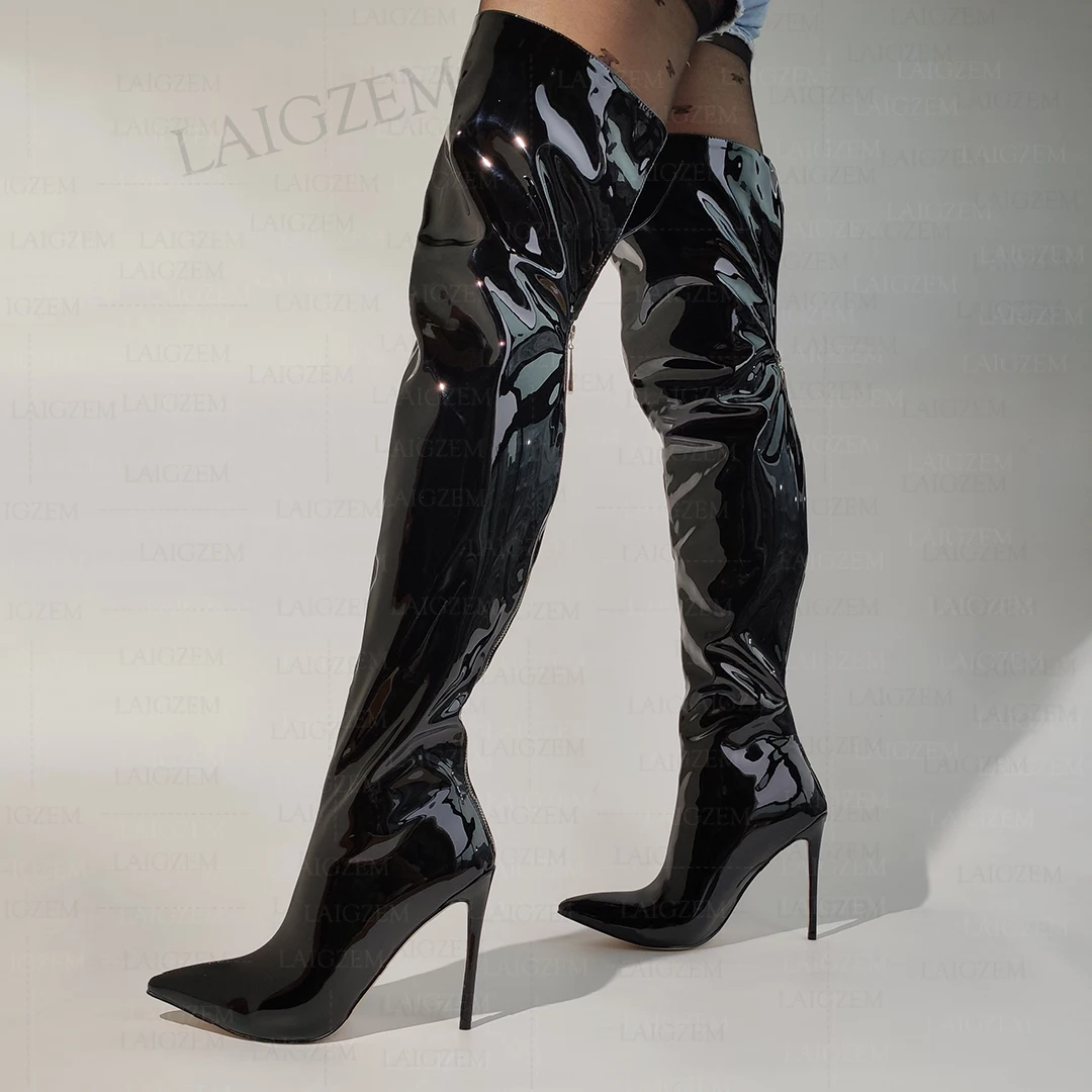 LAIGZEM Women Over Knee Boots Pointed Toe Back Zip Shiny Thin High Heeled Boots Over Knee Ladies Shoes Woman Plus Size 41 43 45