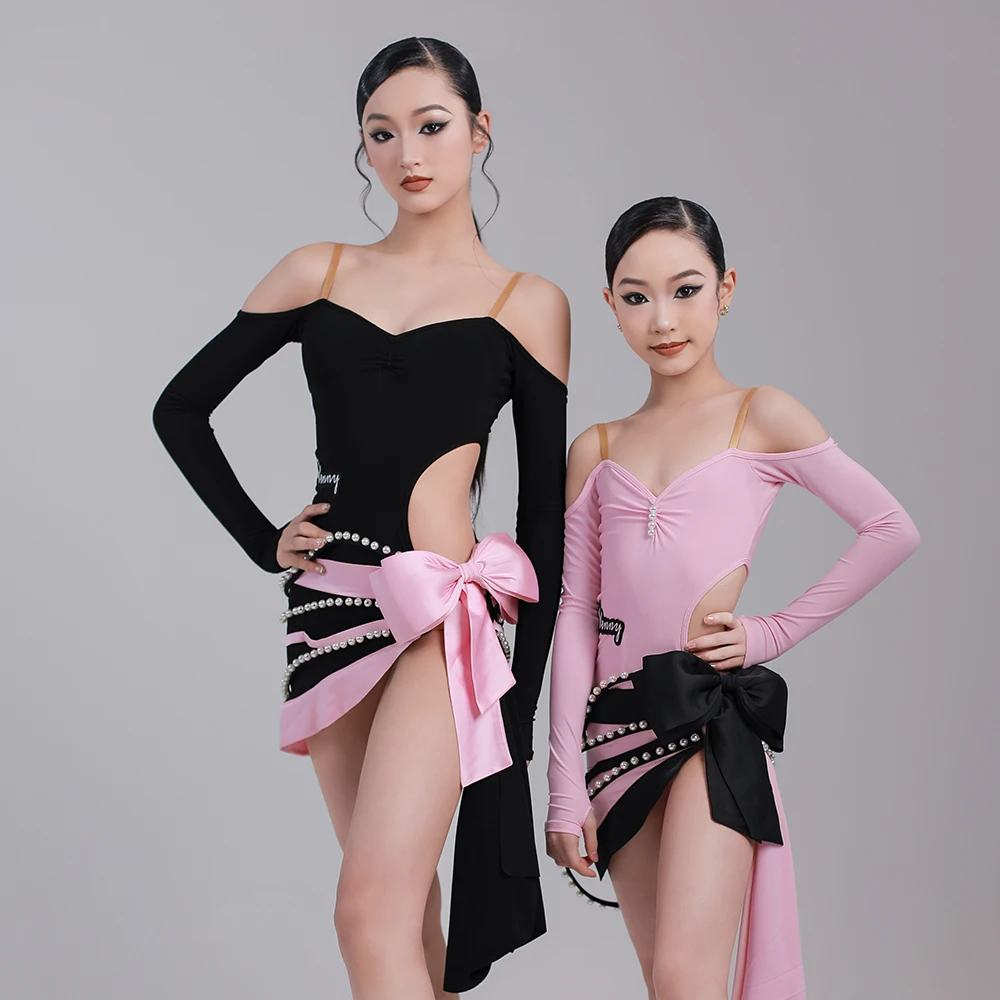 VENNY Latin dance women professional costume halter long sleeved bow dress girl training dress