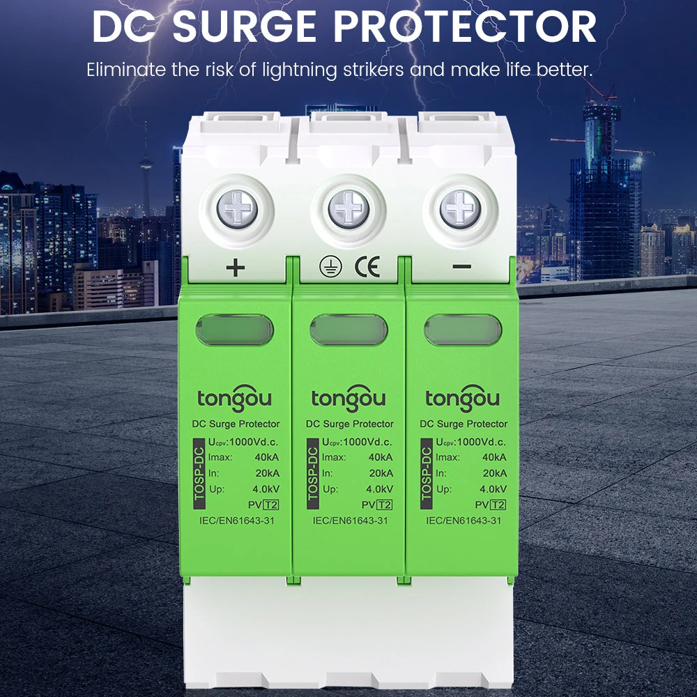 1000V DC Surge Protective Device (SPD) 2P 3P 20KA-40KA DC Surge Voltage Protector and Lightning Arrester for Solar PV Systems