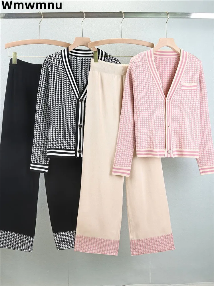 

Elegant Plaid Women Knitted 2 Piece Sets Fall Winter V-neck Cardigan Coats Tops Outfit Korea High Waist Ankle Length Pants Suit