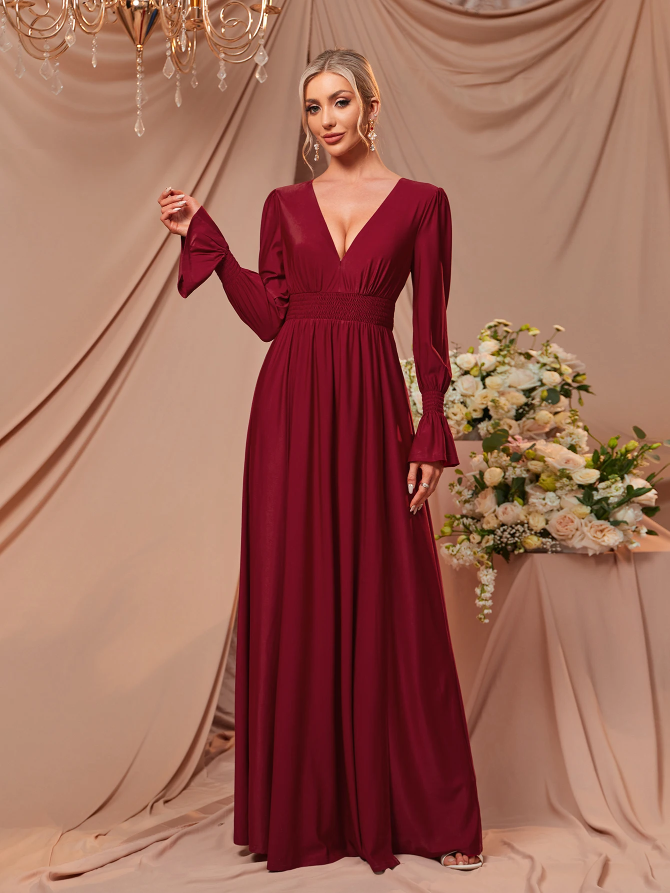 

Burgundy V-Neck Slit Dress, Family Gathering Birthday Party Dress, Elegant and Fashionable Dress, Women's Long Dress, Party Dress, New Dress, Women's Evening Dress, Host Performance Dress, Bridesmaid Dress, Prom Evening Dress, Concert Performance Dress, A