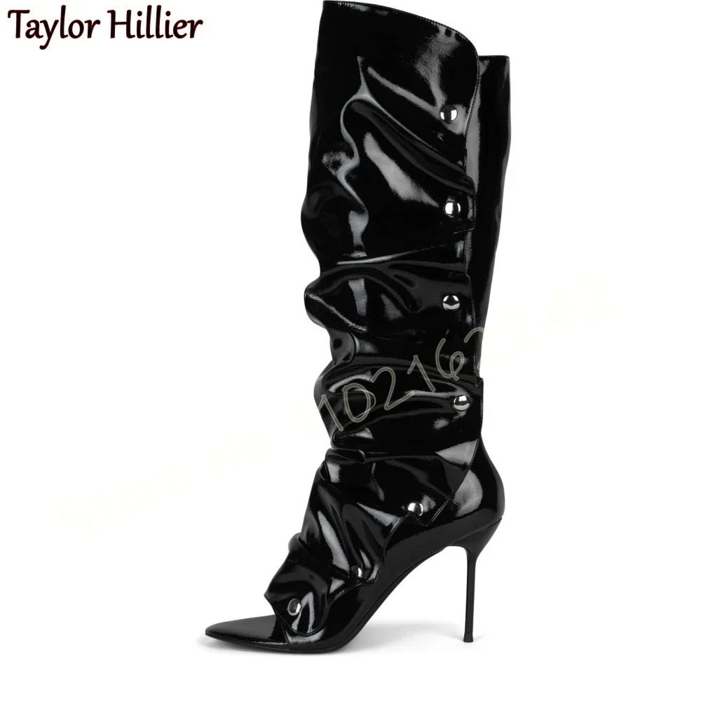 Black Pleated Rivet Open-Toe Knee-High Boots Stiletto Heels Slip-On Modern Boots Fashion Luxury Metal Decoration Women'S Boots