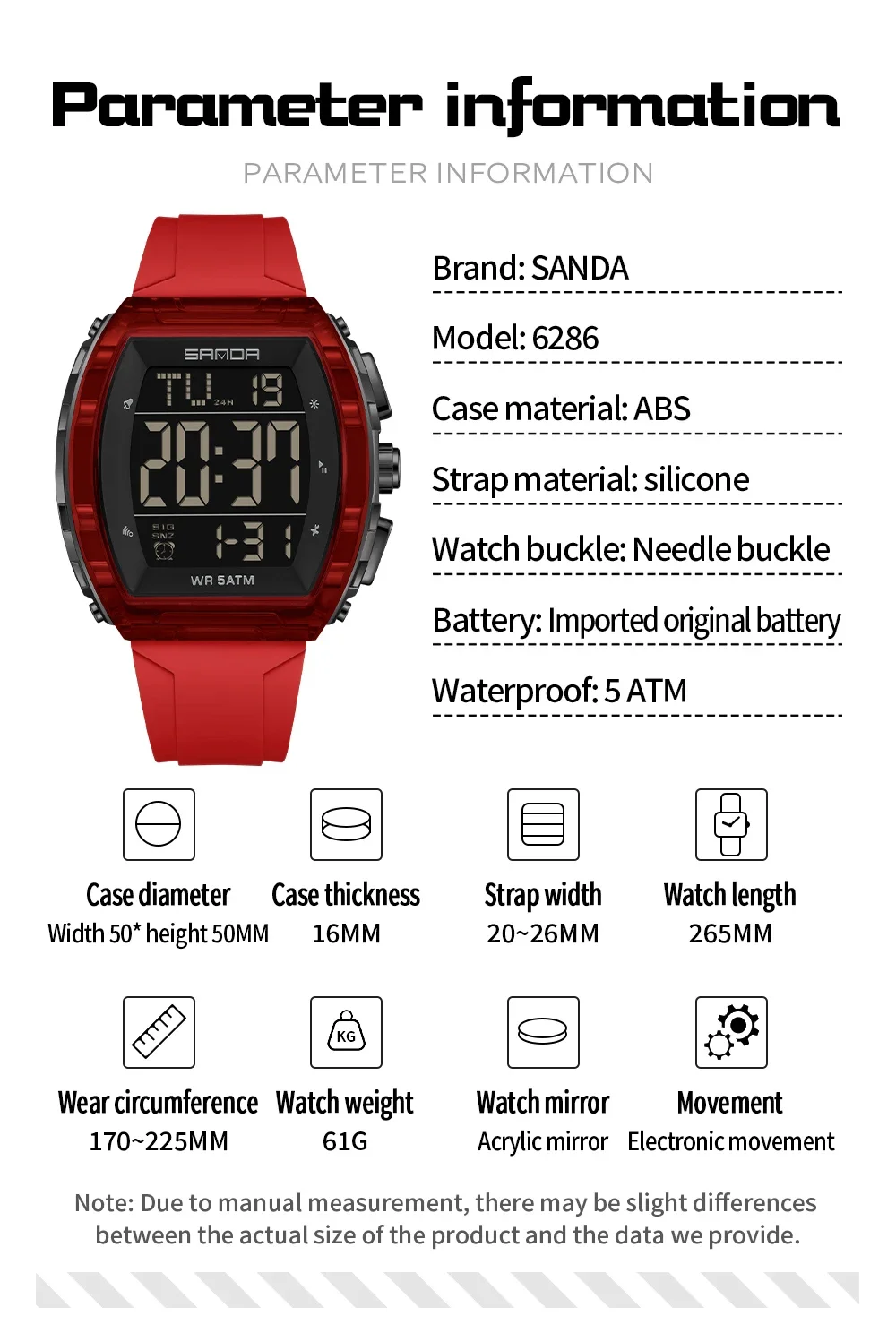 SANDA SD6286 Men Electronic Watch Multifunction Watches Clock Silicone Strap Unisex Luxury Digital Wristwatches Sport Waterproof