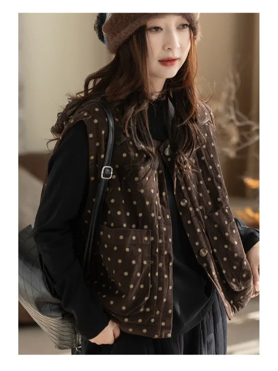 Thickened Cotton Corduroy Sleeveless Vest Women's Fashion Autumn Winter Plaid Patterned Vintage Style Inner Wear Casual Top