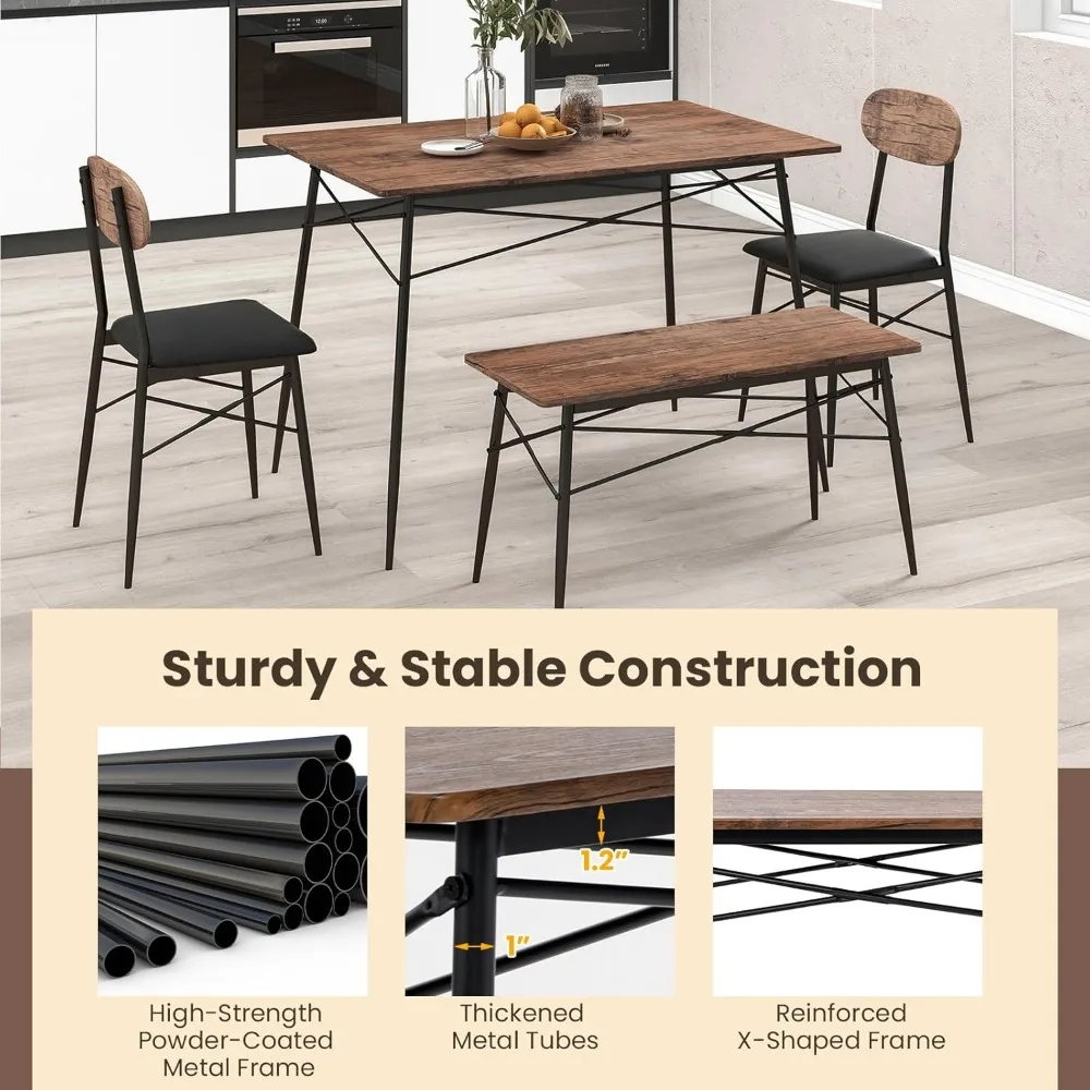 طقم طاولة طعام لـ 4 أشخاص، طقم أثاث المطبخ في منتصف القرن مع طاولة مطبخ، مقعد وكرسيين من الجلد البلاستيكي المنجد، 4-P