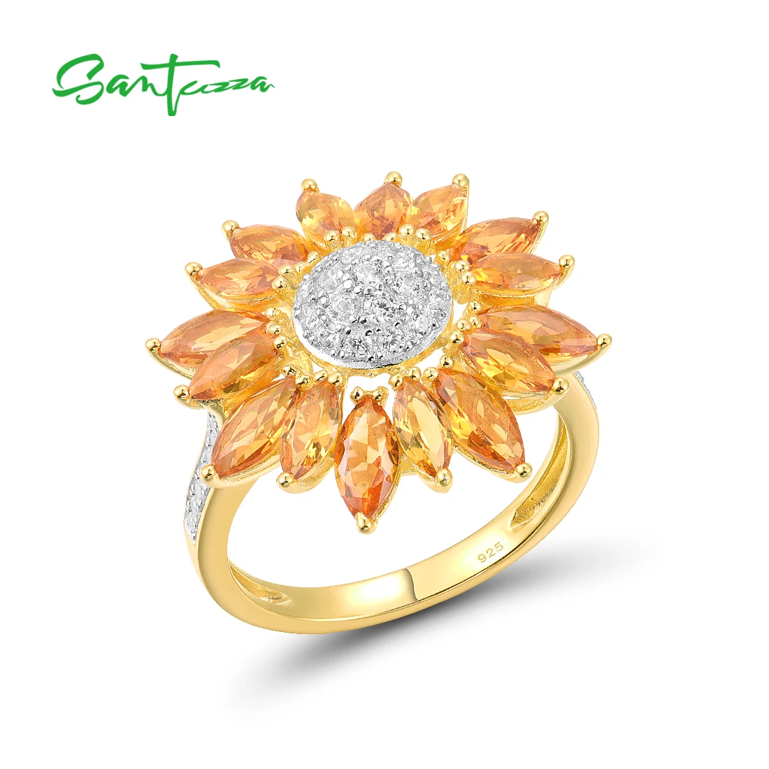 

SANTUZZA Silver Ring For Women Pure 925 Sterling Silver Yellow Nano &White Cubic Zirconia Gold Color Sun Flower Fashion Jewelry