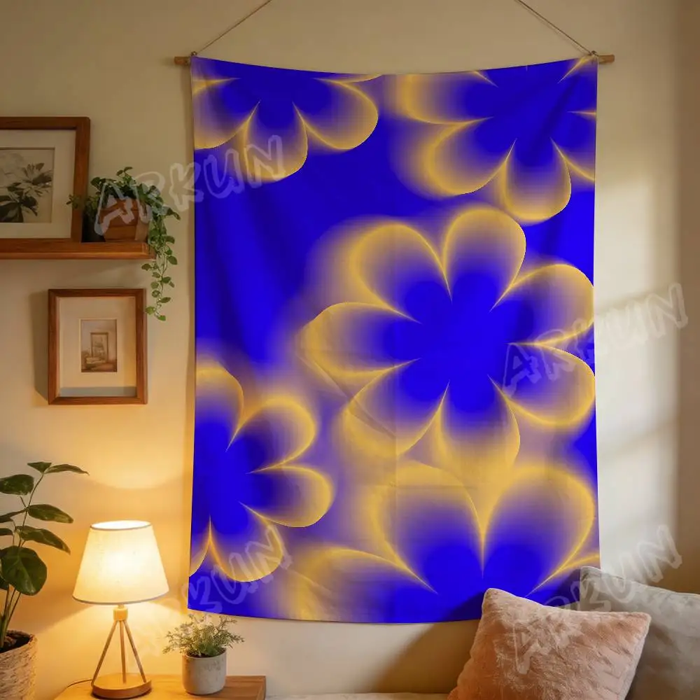 Blue Gradient Glowing Flower Tapestry, Aesthetic Neon Floral Pattern Wall Hanging, Soft Yellow Light Abstract Flower Room Decor