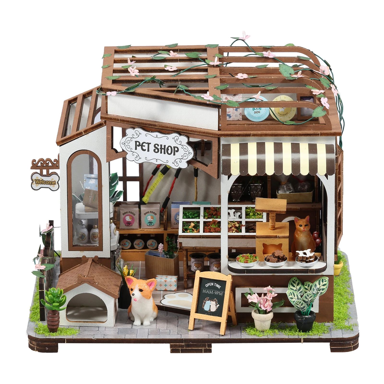 DIY Miniature Dollhouse Kit Small Wooden House with Sensor Light Miniature Pet Shop Model Kits Creative Toys Bedroom Decorations