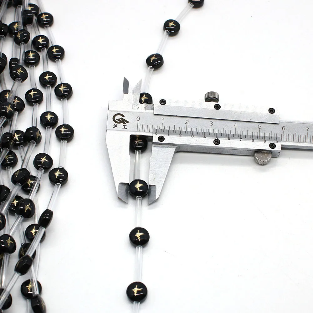 

Black Natural Shell Beads 8mm Flat Round Shell Printed Golden Pattern Design Straight Hole Loose Bead Jewelry Accessory 1 Strand