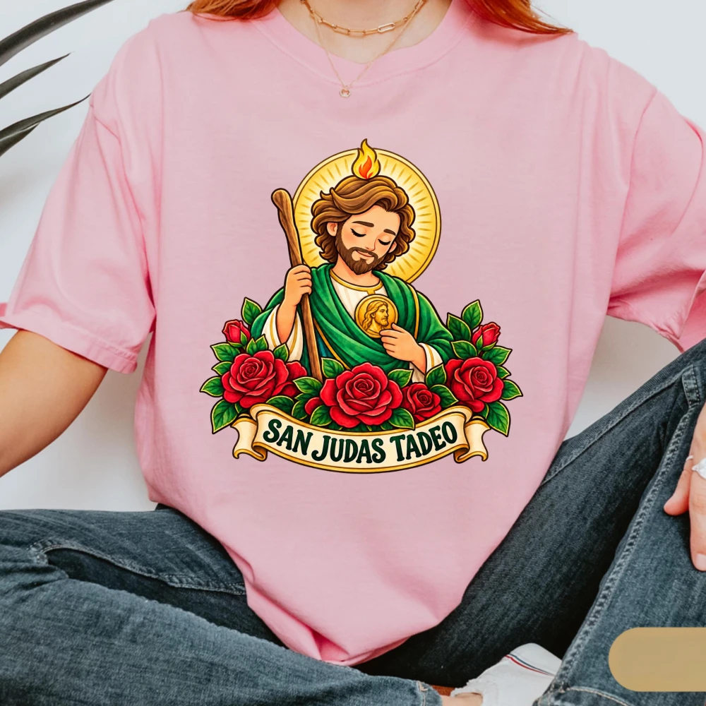 San Judas Tadeo Tshirt Saint Jude Red Roses Watercolor Graphic T Shirts Autumn Unisex Cotton Short-sleeve Tee Christ Jesus Shirt