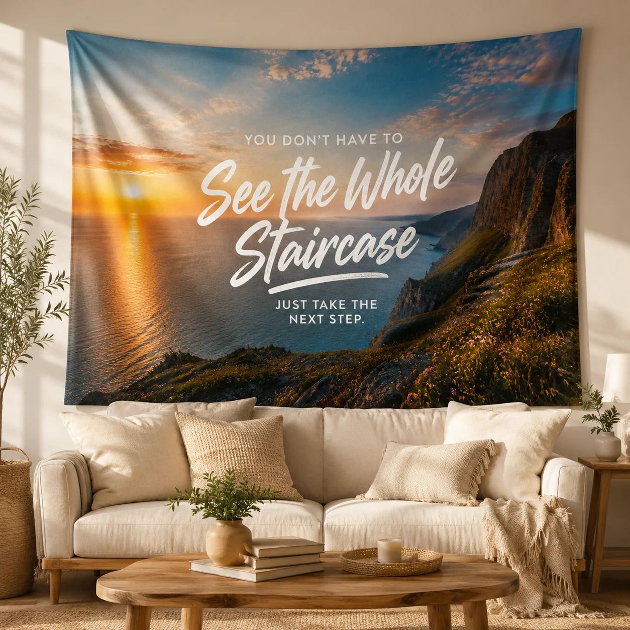 Motivational Mountain Sunset Tapestry Inspirational Quote Wall Hanging Ocean Cliff Landscape Decor for Bedroom Living Room Dorm