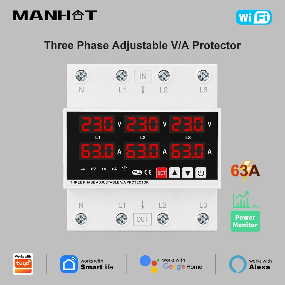 Manhot Three Phase WiFi Smart Circuit Breaker 4P 63A Energy Power Over Under Voltage Protector Timer Work Smart Life APP Alexa