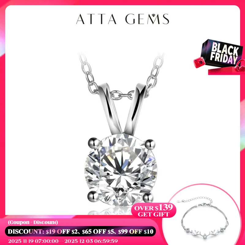 

ATTAGEMS 2Carat 8.0mm Real Moissanite Pendant Necklace For Women 100% 925 Sterling Silver Wedding Party Bridal Fine Jewelry